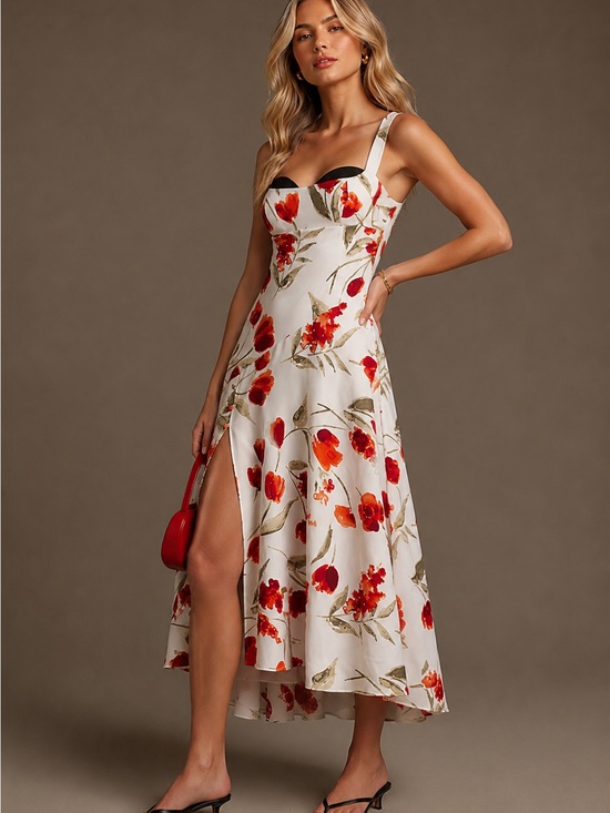 Reformation Dresses & Skirts - Reformation Bekki Linen Floral Midi Dress White Red Poppy Print NEW